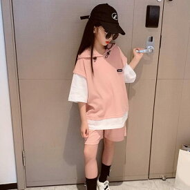 ＼値下げ／【半袖】 女の子 ジュニア セットアップ ルームウェア 修学旅行 キッズ 韓国 子供服 フード付き ピンクのみ 140 150 160 170 半袖Tシャツ 短パン