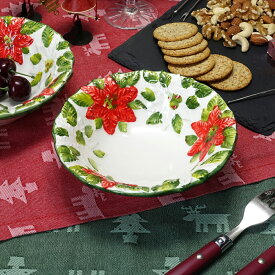 クリスマス テーブルウェア イタリア製 陶器 食器 ハンドメイド サラダボウル ポインセチア レリーフ 中鉢16cm 手作り スープ皿 南欧食器 赤 緑 Italy bre-1673k
