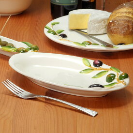 イタリア製 オーバルプレート 楕円 平皿 オリーブ柄 食器 陶器製 楊枝立て付 26cm 前菜皿 パーティープレート オリーブ 南欧食器 カフェ bre-2406-ov