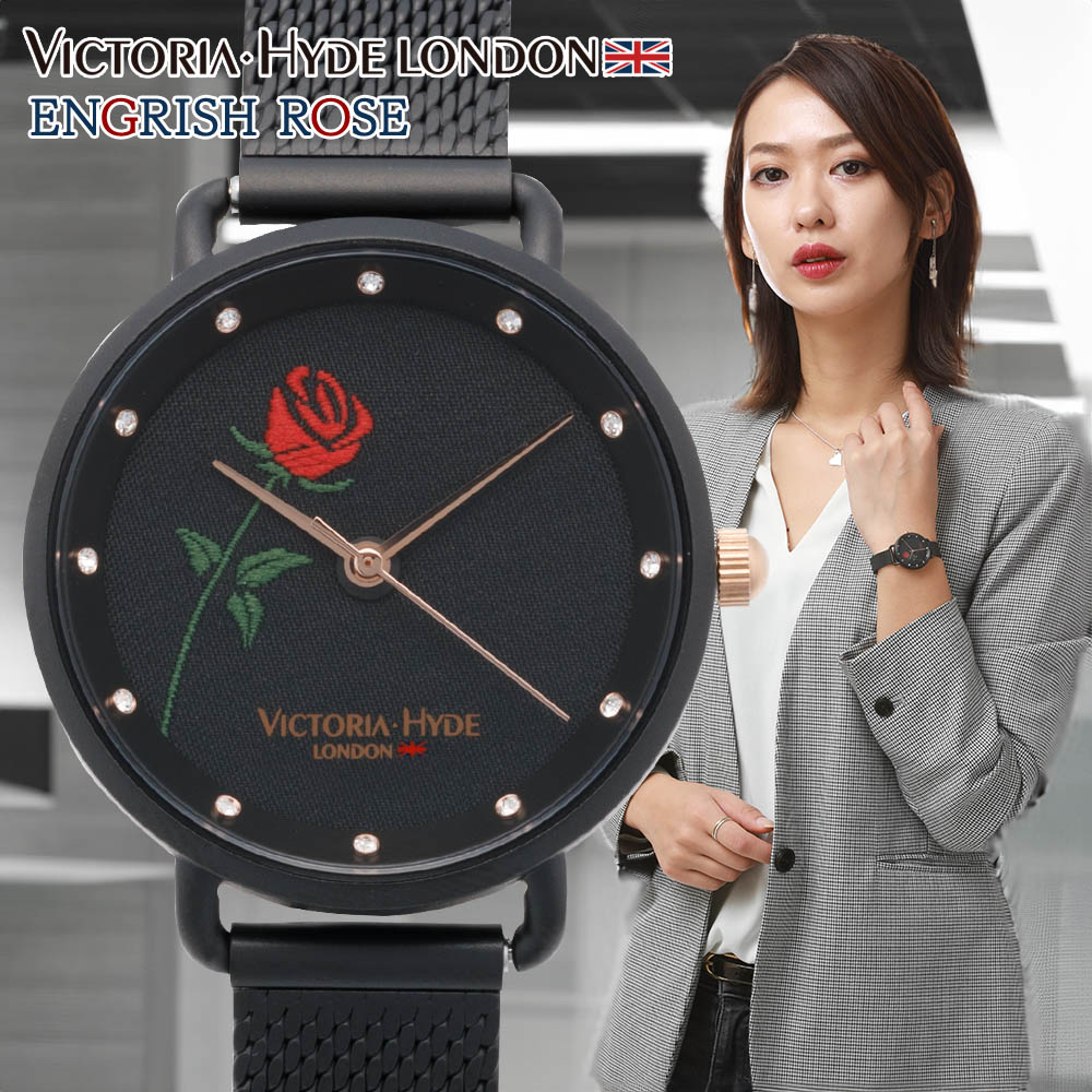VICTORIA HYDE LONDON ヴィクトリア ハイド ロンドン 腕時計 レディース 時計 イングリッシュローズ ENGLISH ROSE 刺繍デザイン ブラック 30mmフェイス VH1038F