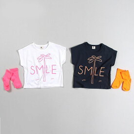 【スーパーSALE】【10％OFF】韓国子供服 半袖Tシャツ ヤシの木 パームツリー SMILE ネオンプリント Tシャツ ホワイト ブラック 90 100 110 120 130 140 プリントTシャツ 子供用 女の子 男の子 ベビー お洒落 カワイイ オシャレキッズ【メール便送料無料】