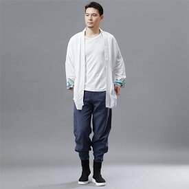 チャイナ服 メンズ ジャケット 羽織 丈長 男性用 カーディガン 袖刺繍 中華風 民族衣装 唐装 漢服 送料無料 綿麻