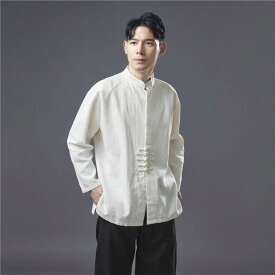 チャイナ服 メンズ シャツ カンフー服 男性用 比翼前立て チャイナボタン 立ち襟 ラグラン袖 民族衣装 唐装 送料無料