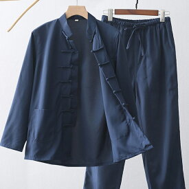 チャイナ服 カンフー服 太極拳服 チャイナスーツ メンズ 男性用 立ち襟 チャイナボタン シルケット加工 ポリエステル しわになりにくい 中国服【送料無料】