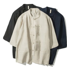 チャイナ服 チャイナシャツ メンズ 男性用 7分袖 カンフー服 カジュアル 唐装 中華風 麻100% 送料無料