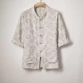 チャイナ服 チャイナシャツ メンズ 男性用 5分袖 半袖 トップス 折り返し袖 チャイナボタン 唐装 中華風 花柄ジャガード織 【送料無料】