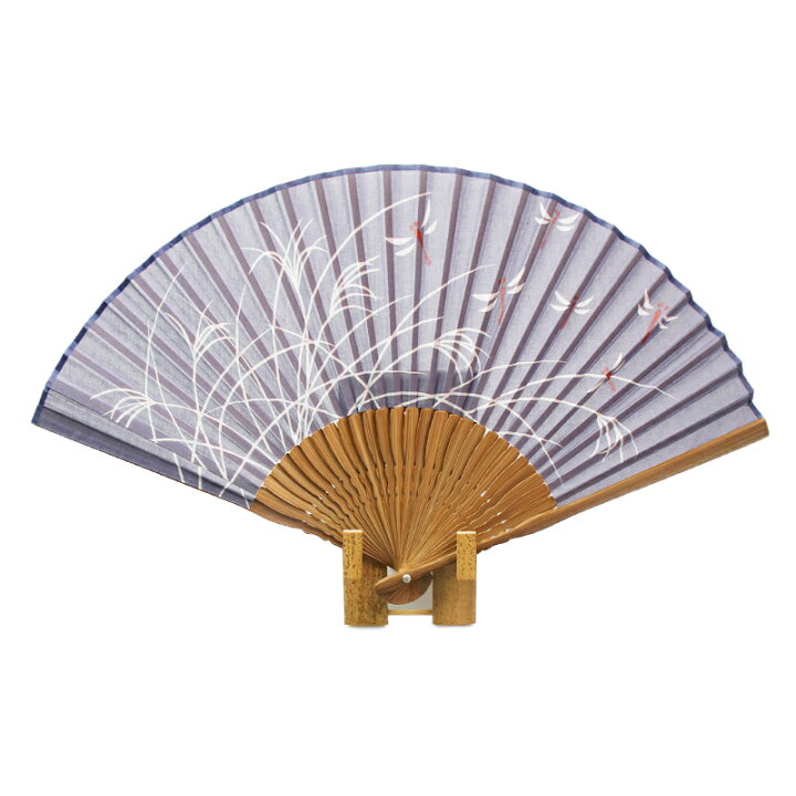O 京扇子 生地扇子 布扇子 竹骨トンボ 蜻蛉 縁起物 ネイビー 通販 布扇子 墨絵 竹 京扇子