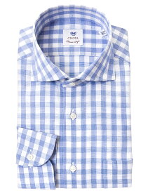 長袖 ワイシャツ メンズ CHOYA Classic Style スリムフィット 綿麻 カッタウェイワイドカラー ギンガムチェック スカイブルー ホワイト (ccd511-555) 24FA