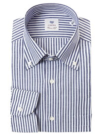 長袖 ワイシャツ メンズ CHOYA Classic Style スリムフィット 綿麻 ボタンダウンカラー ネイビーブルー ロンドンストライプ (ccd512-355) 24FA