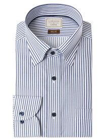 LORDSON by CHOYA Slim Fit 長袖 ワイシャツ メンズ スナップダウン シャツ 形態安定加工 ネイビーストライプ 紺色 スリムフィット 綿100％(cod062-455)