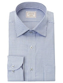 LORDSON ワイシャツ メンズ 長袖 綿100% 形態安定 ブルードビー 千鳥格子柄 ワイドカラーシャツ ドレスシャツ ブルー LORDSON(cod803-650) (sa1)