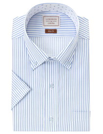 ロードソン 半袖 形態安定 ワイシャツ 綿100% メンズ ボタンダウン Yシャツ ブルー ストライプ スリムフィット LORDSON by CHOYA(con090-450) 2405ft