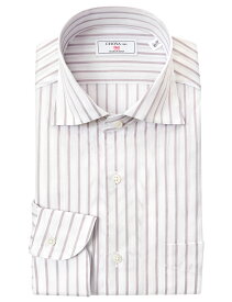 長袖 ワイシャツ メンズ カッターシャツ 綿100% 日本製Yシャツ CHOYA1886 絡み織生地 ブラウングレーストライプ ワンピースワイドカラー ドレスシャツ(cvd131-480) 24FA 2406de
