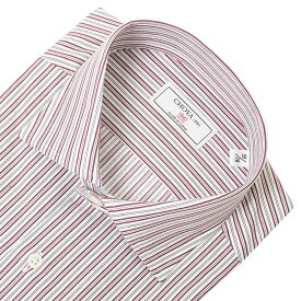 長袖 ワイシャツ メンズ 綿100% 日本製生地 日本縫製 赤 レッド ストライプ カッタウェイ ドレスシャツ 春夏秋冬 (cvd711-415)