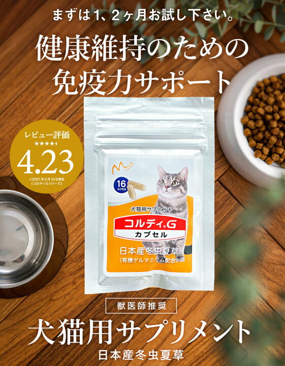 楽天市場 楽天イーグルス感謝祭 猫 サプリ 猫用 サプリメント 老描 シニア ねこ ネコ お試し用 免疫力 免疫 を守る 健康 維持 健康食品 元気 高める アップ 冬虫夏草 コルディ パウダー カプセル ペット ペット用 コルディカプセル 人とペットのサプリ専門店モノリス