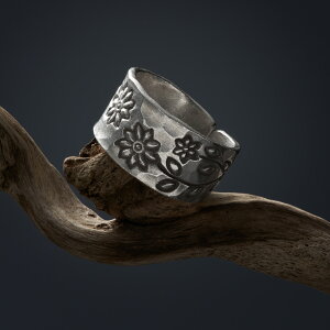 カレン 族 シルバー リング 11号〜25号 フリーサイズ 指輪 幅広 極太 メンズ レディース 槌目/植物文様 SV950