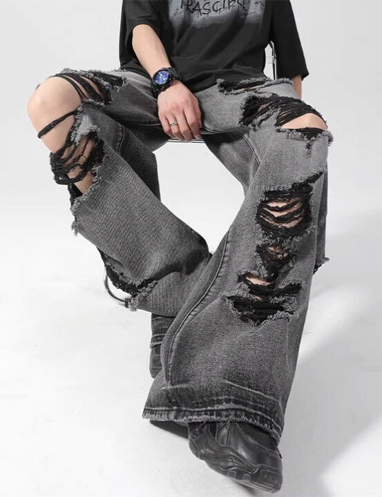 NOAH STUDIO ダメージ加工 ダークグレー ワイドレッグデニムパンツ
