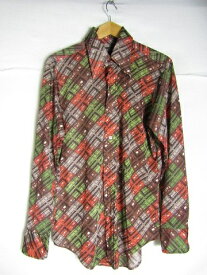 70年代製 Cellini Knitwear 総柄 ポリシャツ　ポリエステルシャツ　ブラウン　Mサイズ　ヴィンテージ【メンズ】【MEDIUM】【中古】