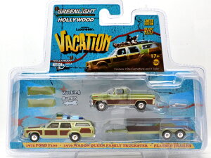 GREENLIGHT 1/64 HITCH & TOW HOLLYWOOD SERIES@VACATION 1972 FORD F100 -1979 WAGON QUEEN FAMILY TRUCKSTER & FLATBED TRAILERO[Cg oP[V 1972@tH[hF150 &1979 SENC[@t@~[@gbNX