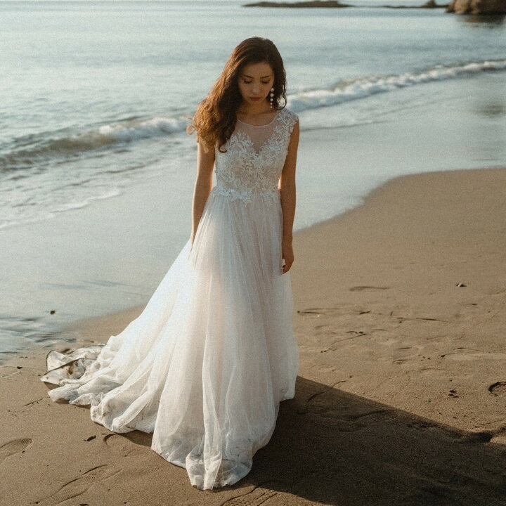 楽天市場 ウエディングドレス 前撮り チュール ナチュラル ベージュ レース ラスティック 後撮り 披露宴 結婚式 演奏会 発表会 かわいい Dress Chocolat