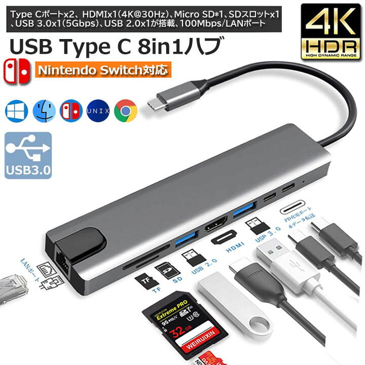 供え USB Type C ハブ MacBook Pro Air 最新型 6-IN-1 USB-C PD充電 ポート USB3.0ポート SD  Micro SDカードリーダー 直挿しタイプ