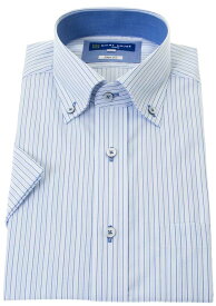 ワイシャツ 半袖 形態安定 ブルーストライプ 青 ボタンダウン スリムフィット 細身 シャツハウス メンズ Yシャツ