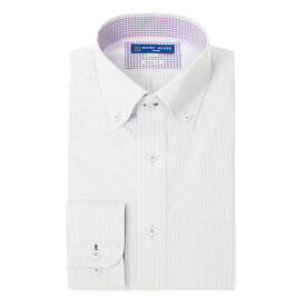 ワイシャツ 形態安定 長袖 ホワイト パープルストライプ ボタンダウン 標準 シャツハウス メンズ カッターシャツ 2406ss