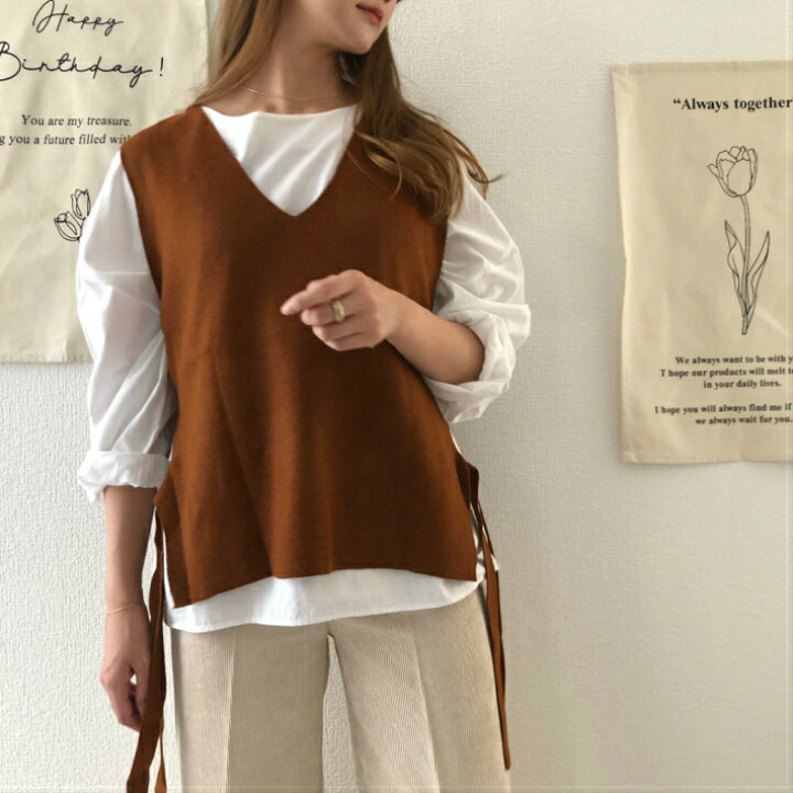 楽天市場 母の日 ニットベスト サイド スリット ニットジレ 重ね着 レイヤード おしゃれ オシャレ 人気 大人かわいい 海外 セレブ 韓国ファッション インスタ映え リボン ノースリーブ Vネック Earth Valley ストール バッグ