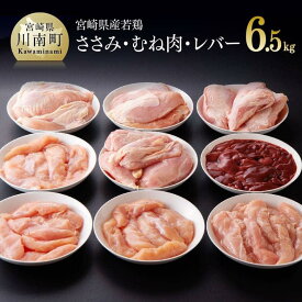 【ふるさと納税】宮崎県産若鶏　3種（ささみ・むね・レバー）6.5kg- 国産 九州産 宮崎県産 肉 鶏肉 ささみ むね レバー 鶏肉セット 小分け たっぷり 6kg オーバー 大容量 大量 送料無料 宮崎県 川南町 C07801