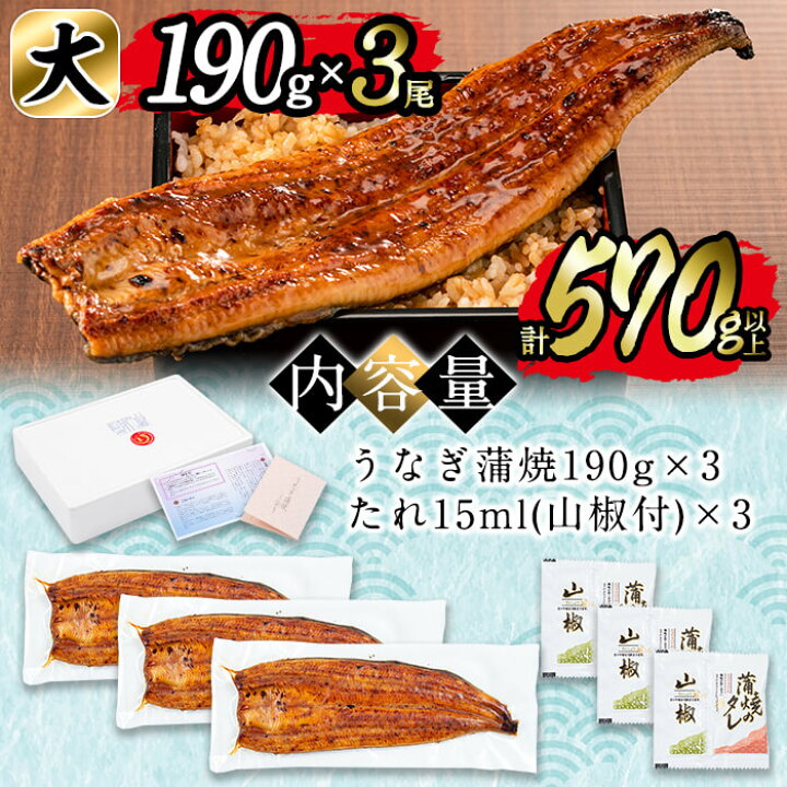 鰻生産量日本一の鹿児島県産 うなぎの大楠 特大 国産ウナギの蒲焼きを冷凍真空パック B0 071 170g 3 たれ付きでお届け 3尾セット計510g
