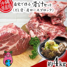 【ふるさと納税】沖縄県産豚肉　自宅で作る「骨汁（だし骨・肩ロースブロック）」約4kgセット【 豚肉 肉 県産豚 ロース 肩ロース ブロック 豚骨 4000g 骨汁 ほね汁 10人前 レシピ付き 贈答用 贈り物 ギフト セット 冷凍 沖縄 沖縄県産 くいまーる 宮城ふぁーむ 】