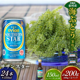 【ふるさと納税】東村を楽しむセット！海ぶどうセット（茎無）200g＆オリオンサザンスター350ml×24本 海ブドウ 海ぶどう うみぶどう パック 茎なし クビレズタ たれ付き 海鮮 海藻 プチプチ おつまみ オリオン orion ビール オリオンビール 1ケース 酒 常温 沖縄県 東村