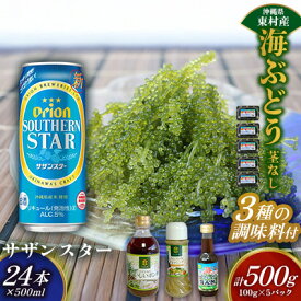 【ふるさと納税】東村を楽しむセット！海ぶどうセット（茎無）500g＆調味料3種＆オリオンサザンスター500ml×24本 海ブドウ 海ぶどう うみぶどう パック 茎なし クビレズタ たれ付き 海鮮 海藻 プチプチ おつまみ オリオン orion ビール オリオンビール 1ケース 酒 常温
