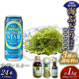 【ふるさと納税】東村を楽しむセット！海ぶどうセット（茎あり）1kg＆調味料3種＆オリオンサザンスター500ml×24本 海ブドウ 海ぶどう うみぶどう パック 茎あり クビレズタ たれ付き 海鮮 海藻 プチプチ おつまみ オリオン orion ビール オリオンビール 1ケース 酒 常温