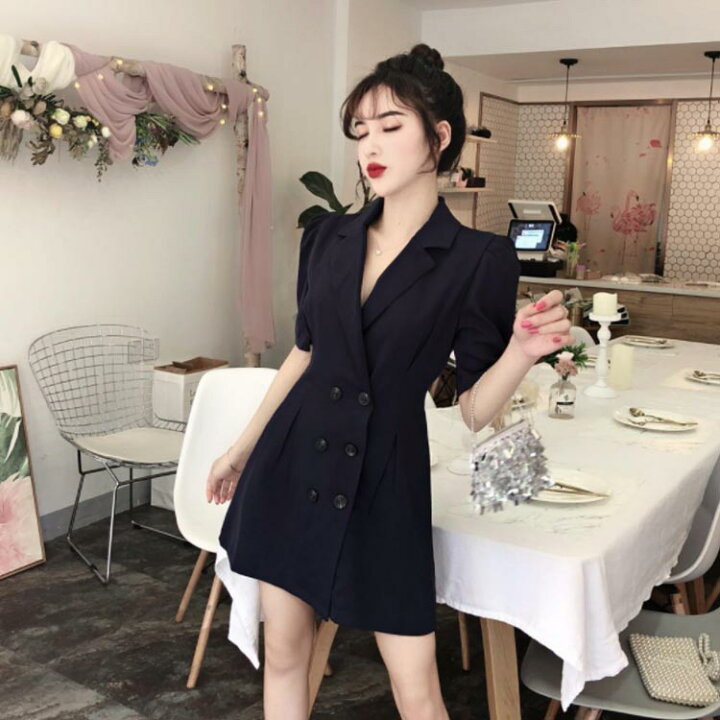 楽天市場 ワンピース レディース ショートワンピース ミニワンピース スーツ風ワンピース ダブルボタン 半袖 ショート丈 Aライン フレア ハイウエスト Vネック 無地 キレイめ お洒落 こなれ感 すっきり 大人 夏新作 Fast Fashion