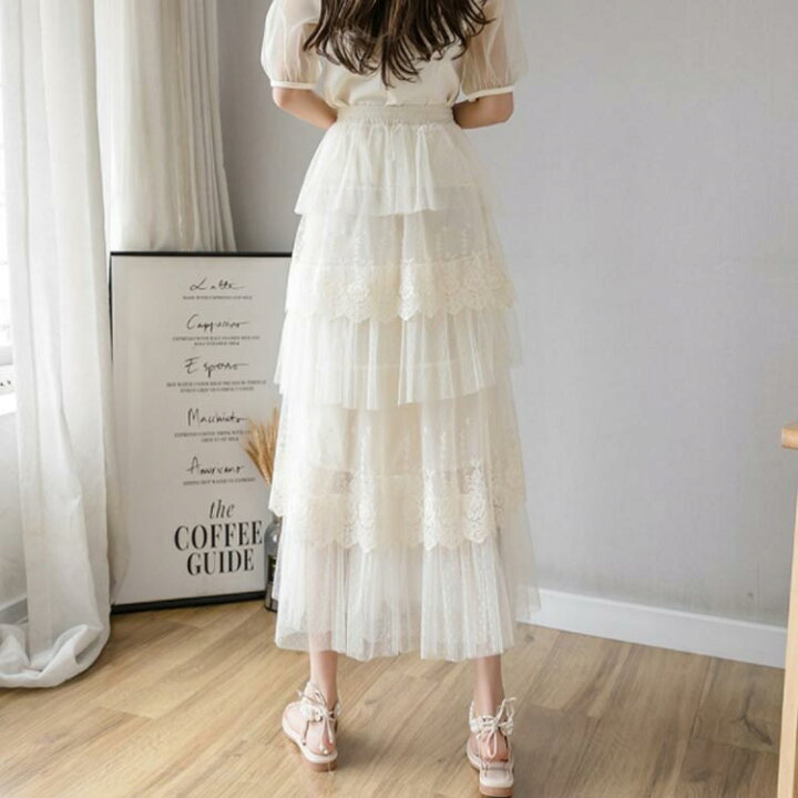楽天市場 チュールスカート レディース スカート リメイク風スカート ティアード チュール ロングスカート マキシスカート 花柄レース ウエストゴム 透け感 裏地付き フェミニン エレガント 優雅 大人 こなれ感 上品 ボトムス 春夏秋 夏新 Fast Fashion