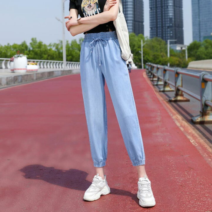 楽天市場 パンツ レディース デニムパンツ ジーンズ 裾絞り ウエストゴム 九分丈パンツ ジョガーパンツ バギーパンツ ギャザー ハレムパンツ デニム 九分丈 シンプル 涼しい 美脚 着痩せ カジュアル お洒落 ボトムス 夏新作 Fast Fashion