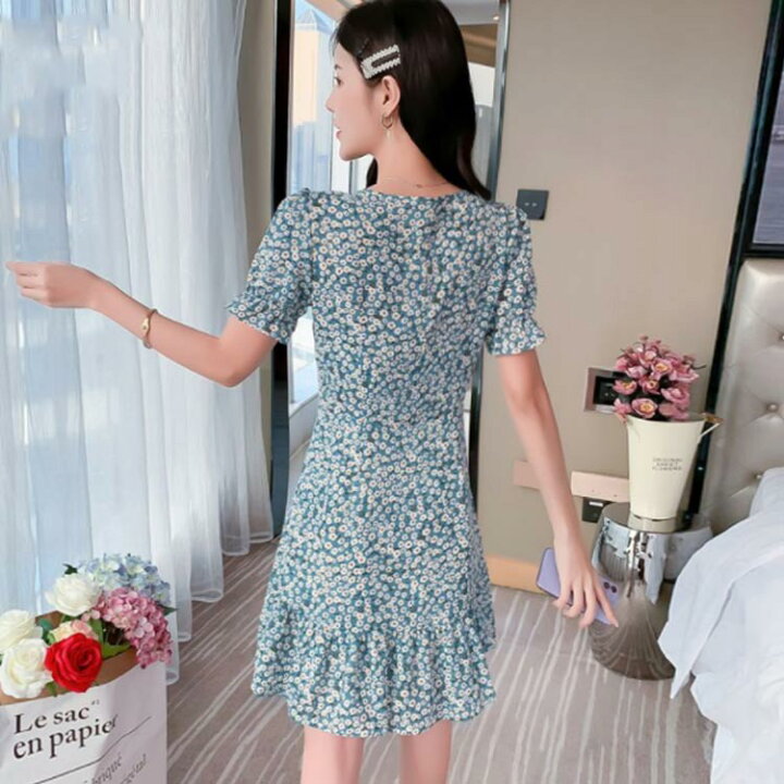 楽天市場 ワンピース レディース シフォンワンピース ミニワンピース ショートワンピース フレアワンピース 半袖 花柄 Vネック パフスリーブ ショート丈 薄手 裏地付き キレイめ エレガント シンプル ゆったり 夏物 夏新作 Fast Fashion