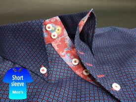 沖縄 アロハ メンズ ボタンダウン シャツ 半袖 紅型 クールビズ 紺 ネイビー系 小紋柄【楽ギフ_包装】【rcp】【msko-nv07-0925】