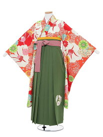 【レンタル】卒業式 袴セット 女の子12歳前後 女児袴レンタル 0029瑞城さくら×JAPANSTYLEオレンジに椿グリーン袴セット 148-153cm 12歳 卒業式 小学生 卒業袴 6年生 貸衣装　子供着物