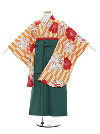 【レンタル】卒業式 袴レンタル 小学生 袴セット 女の子10歳前後 女児袴レンタル オレンジ 矢柄 花×グリーン袴 セット 138-143cm 10歳 卒業袴 貸衣装 ジュニア袴 フルセット 子供着物 女の子袴