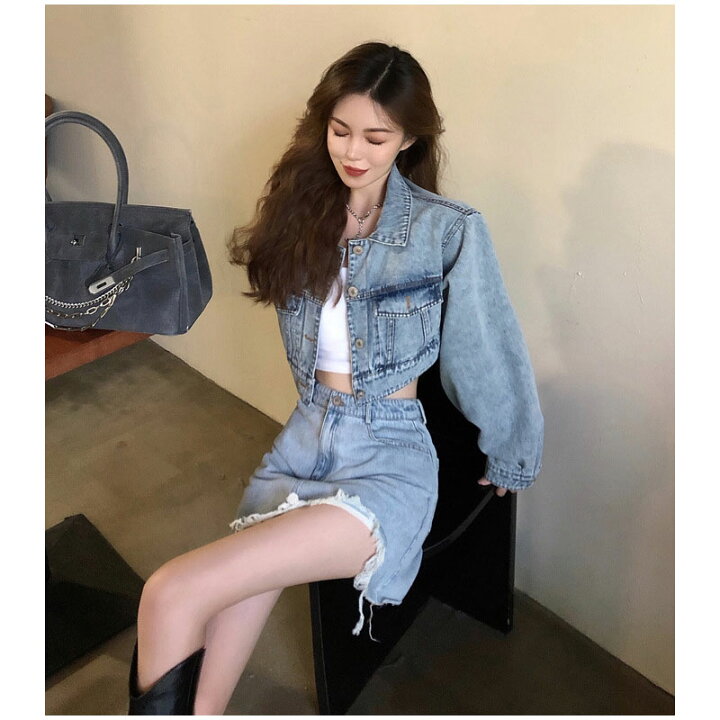 楽天市場 デニム セットアップ Gジャン スカート レディース 上下セット ジャケット フリーサイズ クラッシュ ショート丈 長袖 トータルコーデ ブリーチ ユーズド かわいい シンプル カジュアル 韓国ファッション あす楽対応 送料無料 Fournine