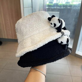 ふわふわ もこもこ バケットハット パンダ マスコット付き 帽子 白 黒 キャップ 動物 熊猫 可愛い ハット CYREAM 送料無料
