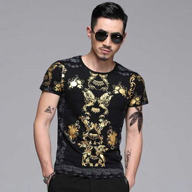 送料無料 柄物メンズ Tシャツ T-shirt 半袖 花柄 フラワー メンズファッション 夏コーデ 黒 ブラック