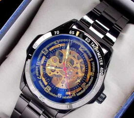 送料無料 シースルー 自動巻き 腕時計 ブラックベルト 特殊反色ガラス ゴールドフェイス スケルトン ブラックステンレス メンズウォッチ