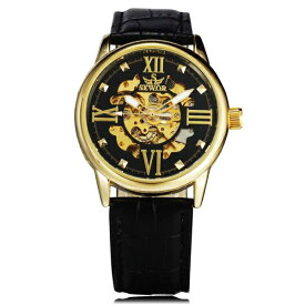 送料無料 シースルー設計の腕時計 レザーベルト ゴールドフェイス スケルトン 自動巻き 高級感 2色から選択可能 ブラック ゴールド 金
