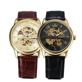 送料無料 腕時計 自動巻き レザーベルト ゴールドフェイス スケルトン メンズウォレット シースルー スケルトン ブラック ゴールド
