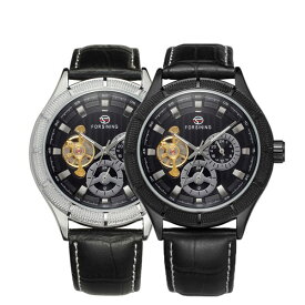 送料無料 多機能自動巻き腕時計 1日計 バーインデックス 特殊網ベゼル シースルーモデル 革ベルト