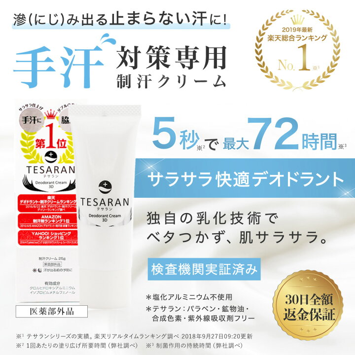 楽天市場】【公式 楽天1位受賞】 手汗 クリーム 手汗対策 テサラン 