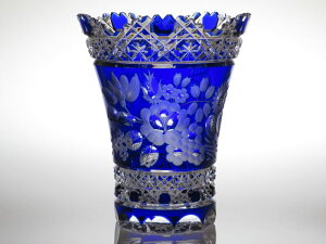マイセンクリスタル 花瓶 ● フラワー 花図 ベース ヴェース 18cm ブルー 青 円柱 エングレーヴィング 花 少し訳あり